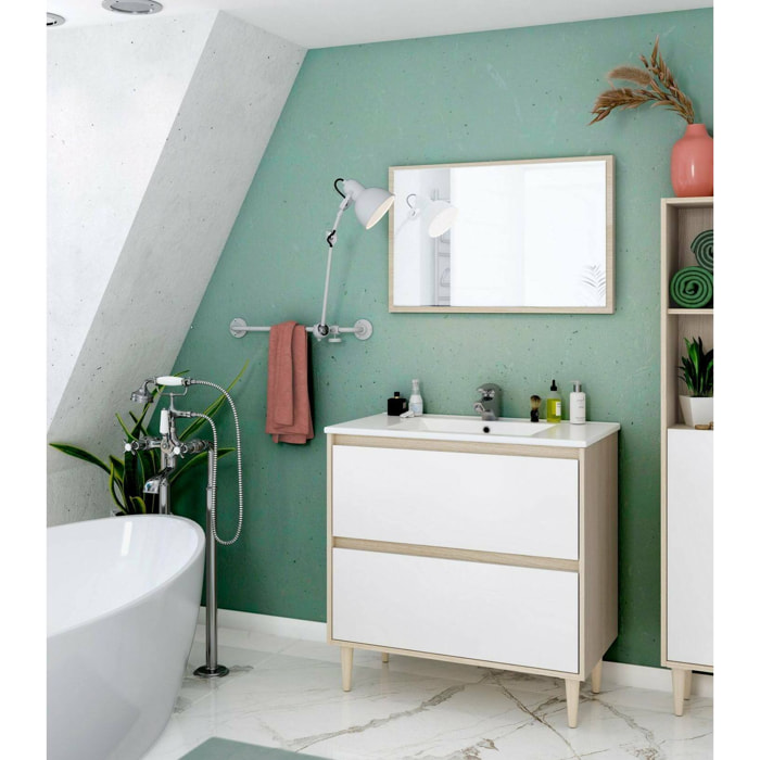 Mobile sottolavabo Berillo, Sotto lavabo bagno, Mobiletto da bagno con specchio, Lavabo non incluso, 80x45h80 cm, Bianco lucido e Rovere