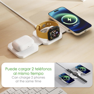 DAM Cargador inalámbrico 3 en 1 J-M20, Magsafe. Para smarphone 15W, Qi auriculares de 5W y Apple Watch. Plegable. 25,5x7,1x0,9 Cm. Color: Blanco