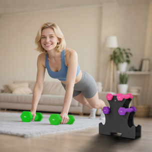 Support noir pour 6 haltères vinyles - 6 haltères incluses total 12 Kg - rose mauve vert