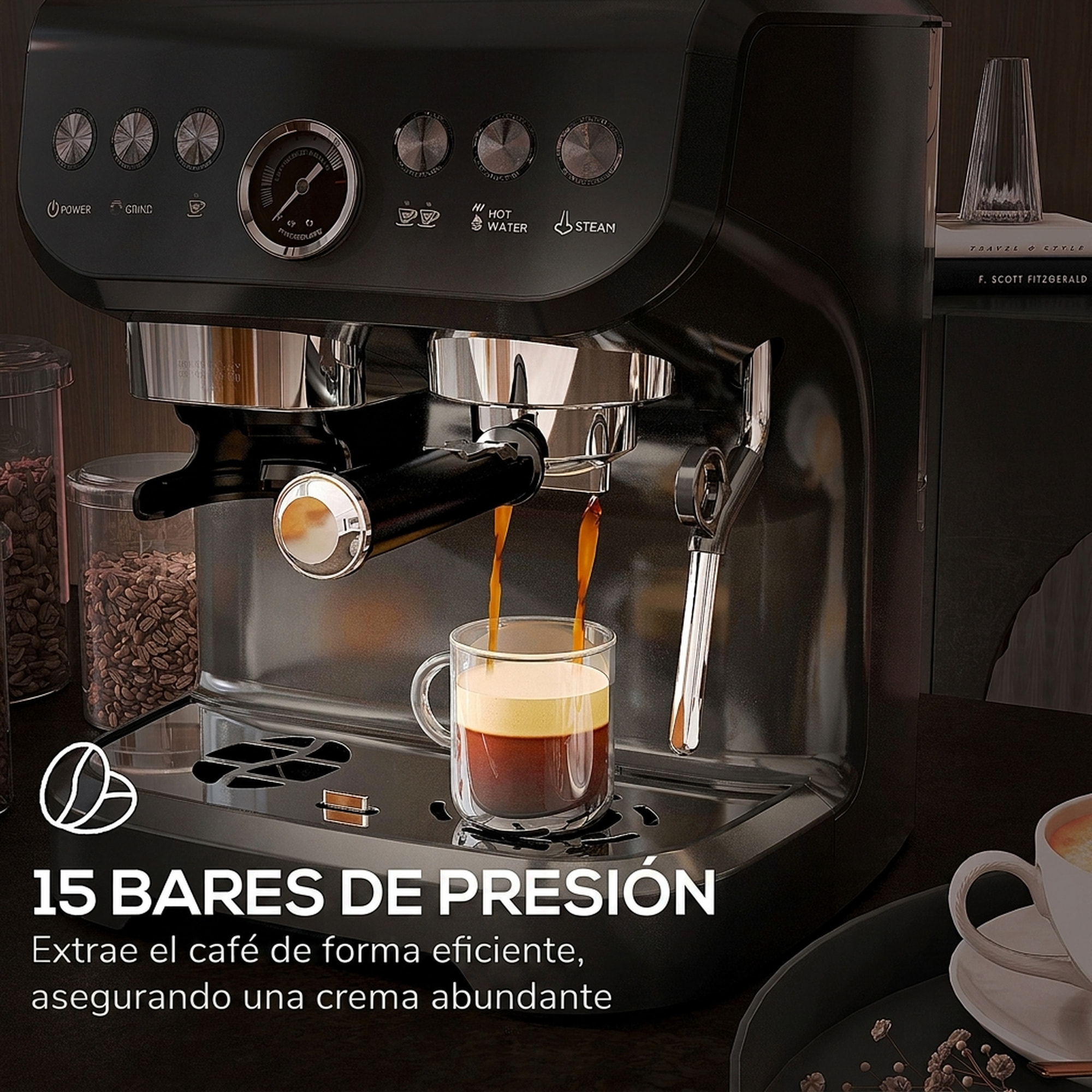 HOMCOM Cafetera Espresso 15 Bares 1600W con Molinillo de 15 Niveles, Vaporizador de Leche, Depósito Agua 2L y Grano 150g, 1 o 2 Tazas, Calientatazas, para Capuchino y Latte, Acero Inoxidable, Negro