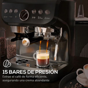 HOMCOM Cafetera Espresso 15 Bares 1600W con Molinillo de 15 Niveles, Vaporizador de Leche, Depósito Agua 2L y Grano 150g, 1 o 2 Tazas, Calientatazas, para Capuchino y Latte, Acero Inoxidable, Negro