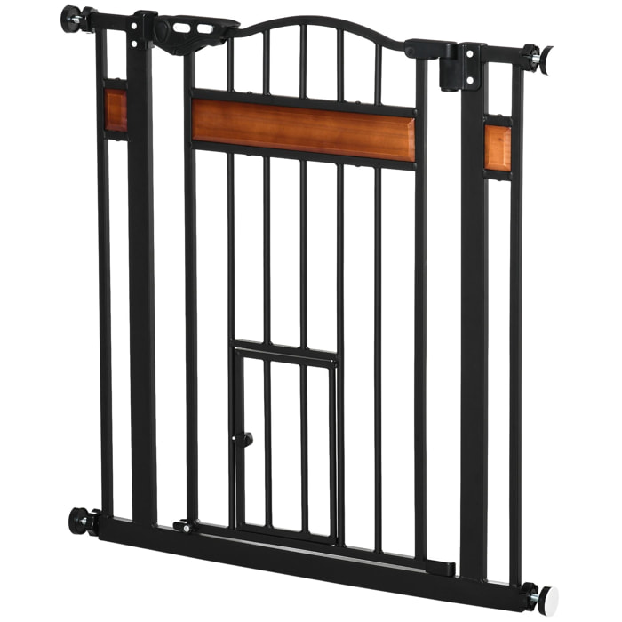 Barrière de sécurité animaux - longueur réglable dim. 74-80 cm - 2 portes verrouillables, ouverture double sens - sans perçage - acier noir pin