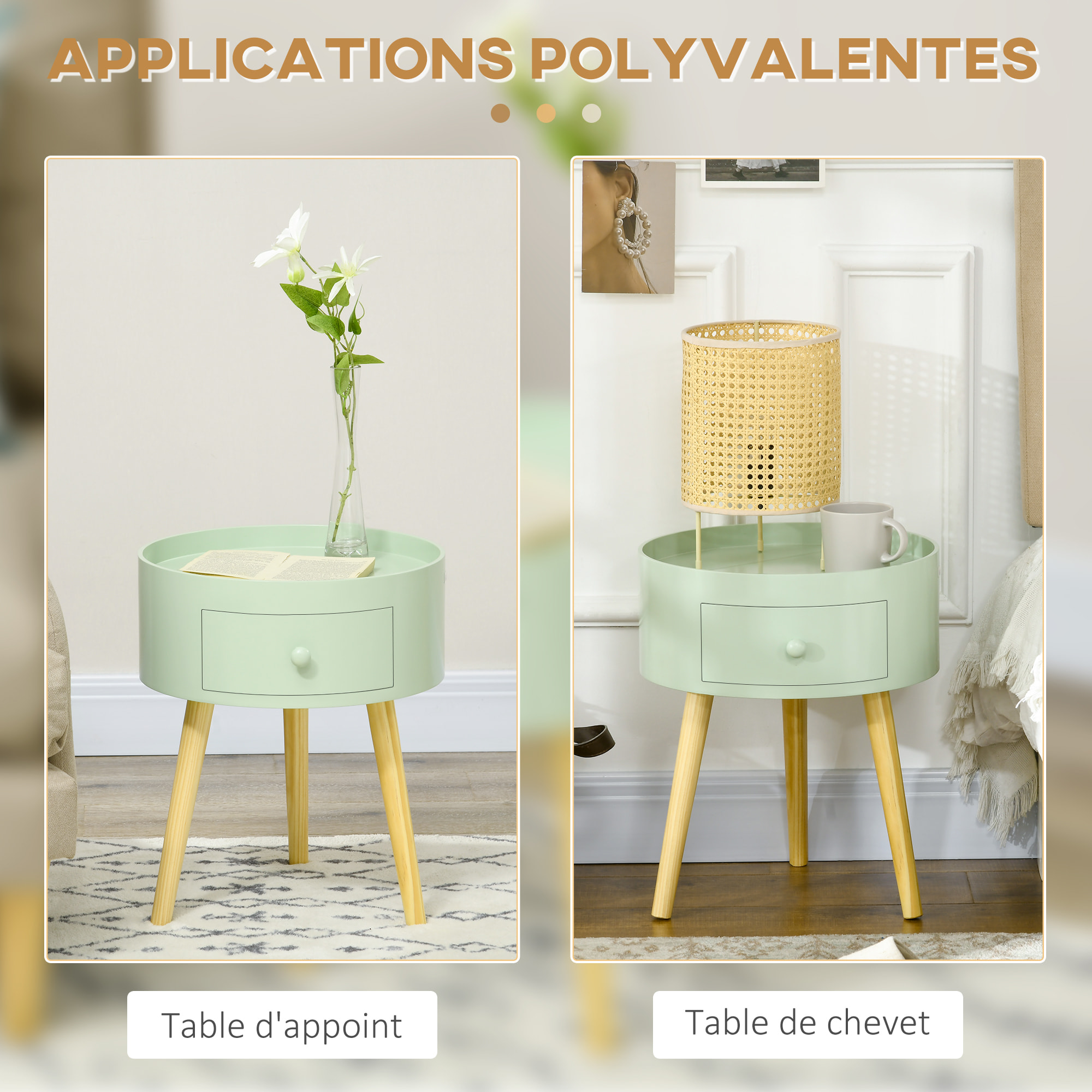 Chevet table de nuit ronde design scandinave tiroir bicolore pieds effilés inclinés bois massif chêne clair vert