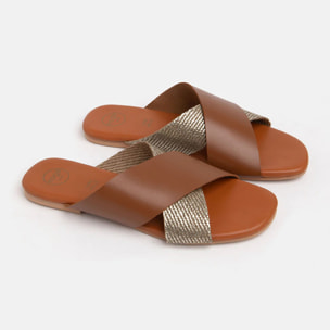 Ciabattina in vera pelle con fascia larga in oro - CUOIO