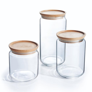 Lot de 3 pots de conservation Pure Jar Wood - Luminarc - En verre avec couvercle hermétique bois - 1,5L + 1L + 0,75L