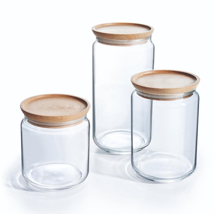Lot de 3 pots de conservation Pure Jar Wood - Luminarc - En verre avec couvercle hermétique bois - 1,5L + 1L + 0,75L