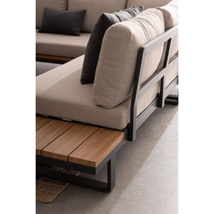 Set salotto angolare ZELMAR in alluminio antracite, color legno e tessuti beige