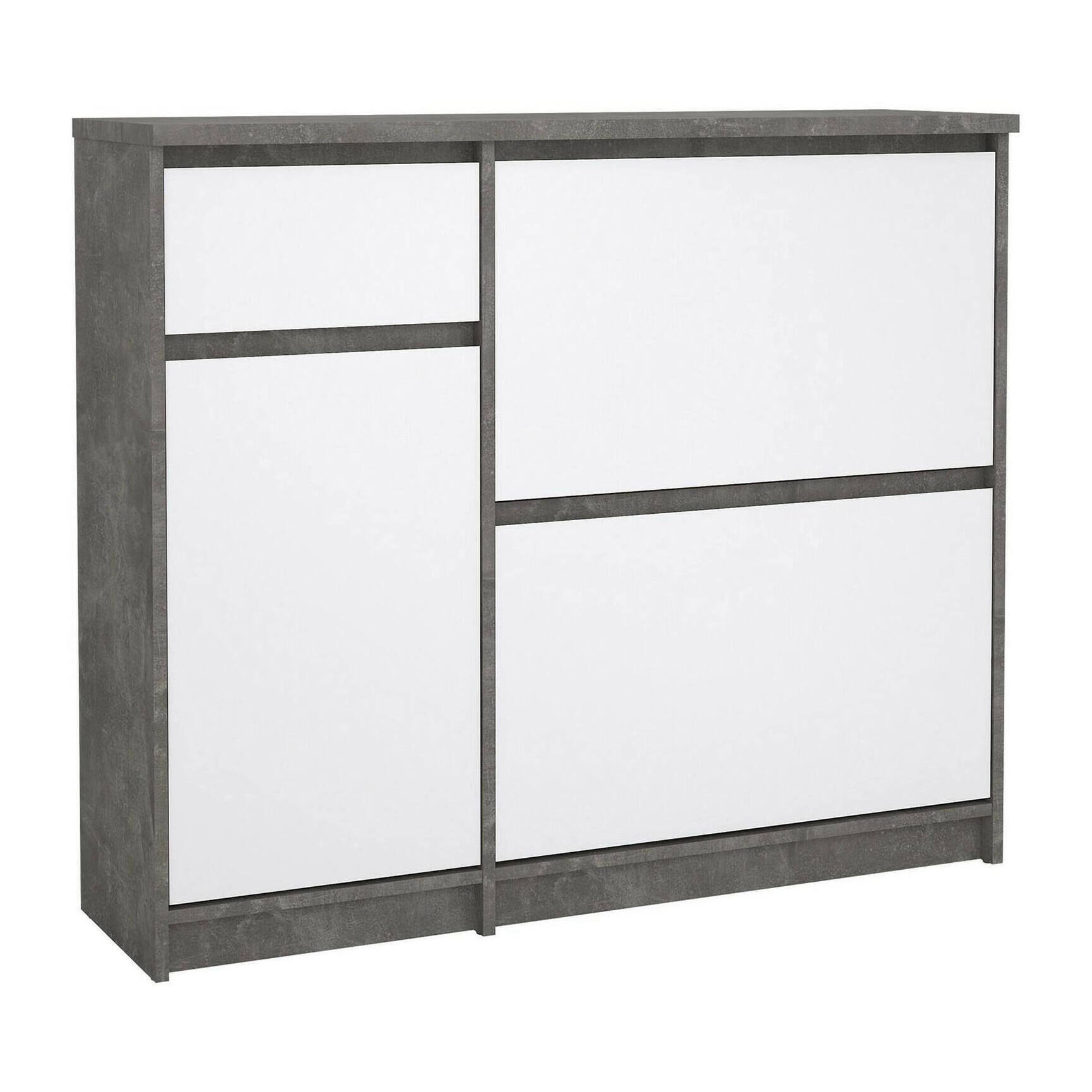 Scarpiera Todd, Mobile portascarpe, Armadio da ingresso multiuso, Mobiletto per calzature, 109x32 h93 cm, Cemento e Bianco lucido