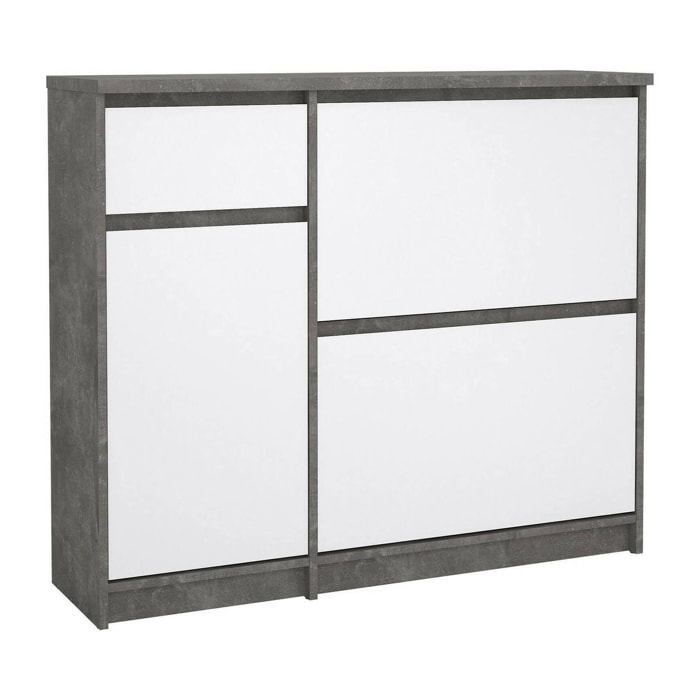 Scarpiera Todd, Mobile portascarpe, Armadio da ingresso multiuso, Mobiletto per calzature, 109x32 h93 cm, Cemento e Bianco lucido
