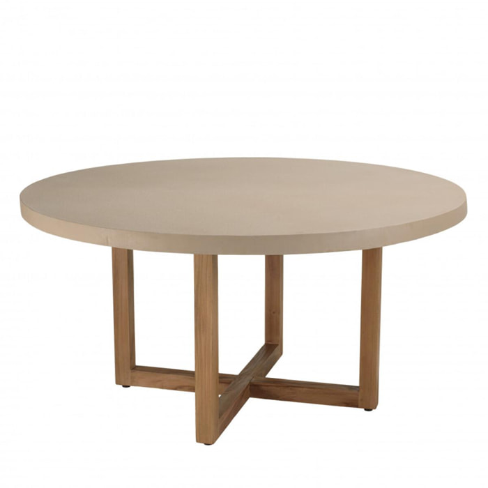 ERIS - Table à manger ronde 153x153cm béton beige pieds croisés en teck