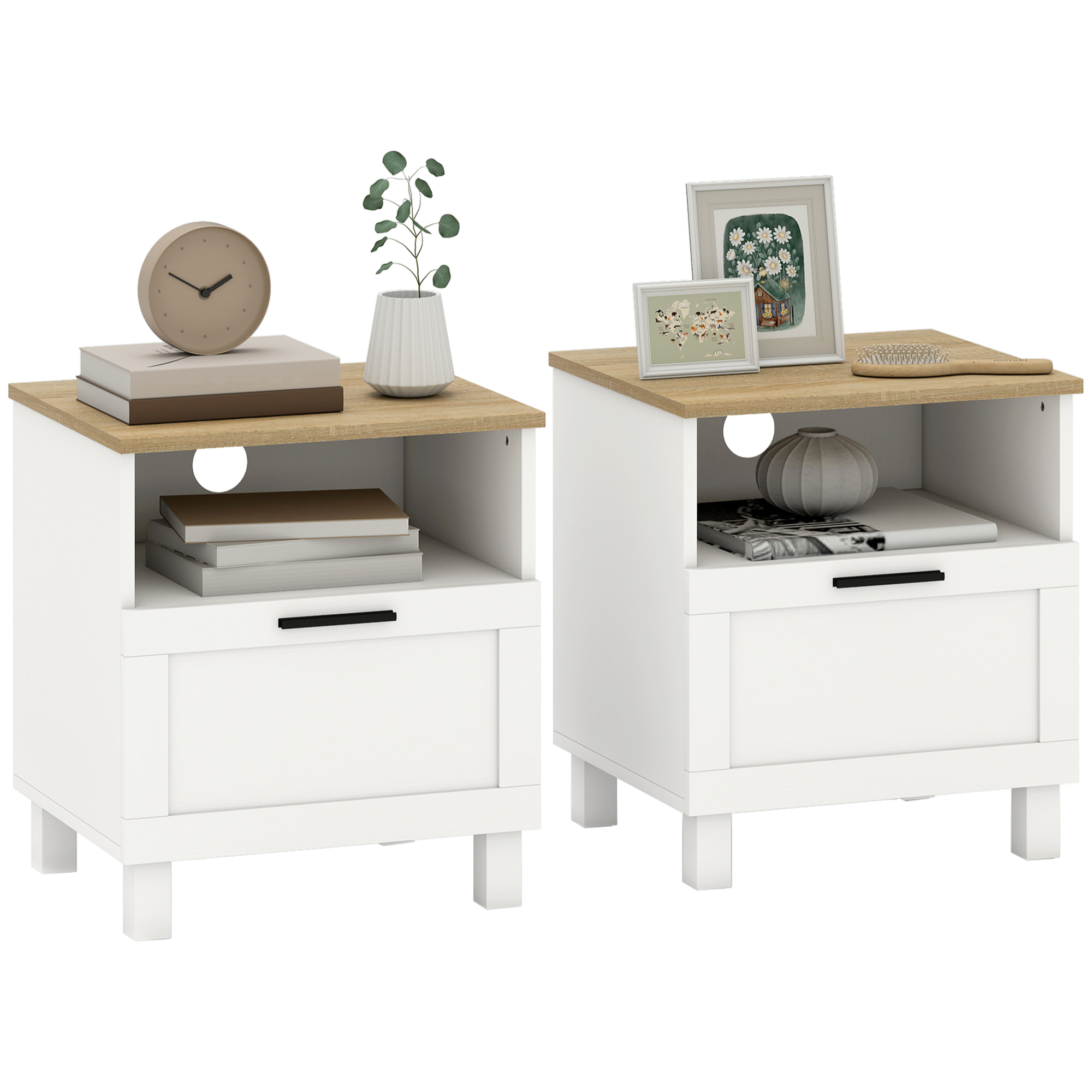 Juego de 2 Mesitas de Noche Modernas, Mesillas de Noche con Cajón, Compartimento Abierto, Patas de Madera, Mesa Auxiliar para Salón, Dormitorio, 45x38x50 cm, Blanco