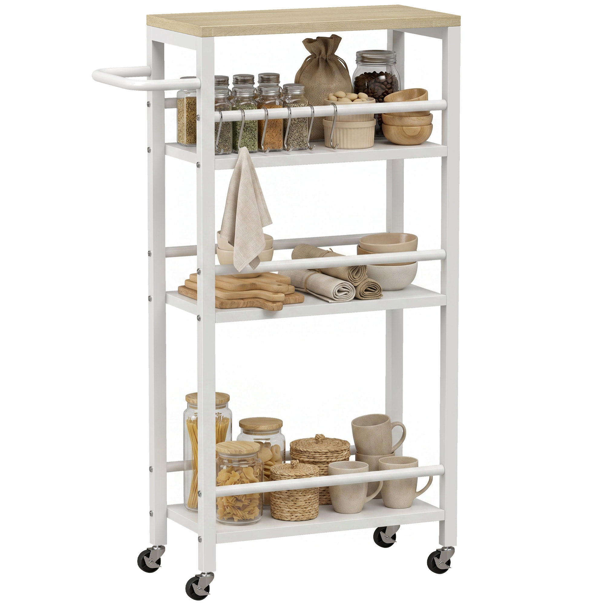 Carrito Auxiliar con Ruedas de 4 Niveles, Carrito de Cocina con Toallero y 6 Ganchos, Estrecho para Espacios Pequeños, Verduras, Frutas, para Comedor, 50x20x81 cm, Roble
