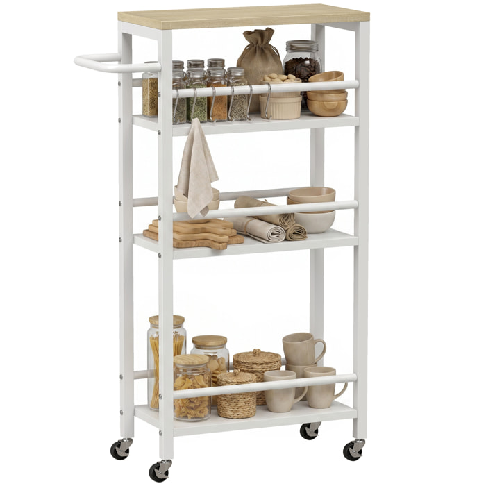 Carrito Auxiliar con Ruedas de 4 Niveles, Carrito de Cocina con Toallero y 6 Ganchos, Estrecho para Espacios Pequeños, Verduras, Frutas, para Comedor, 50x20x81 cm, Roble
