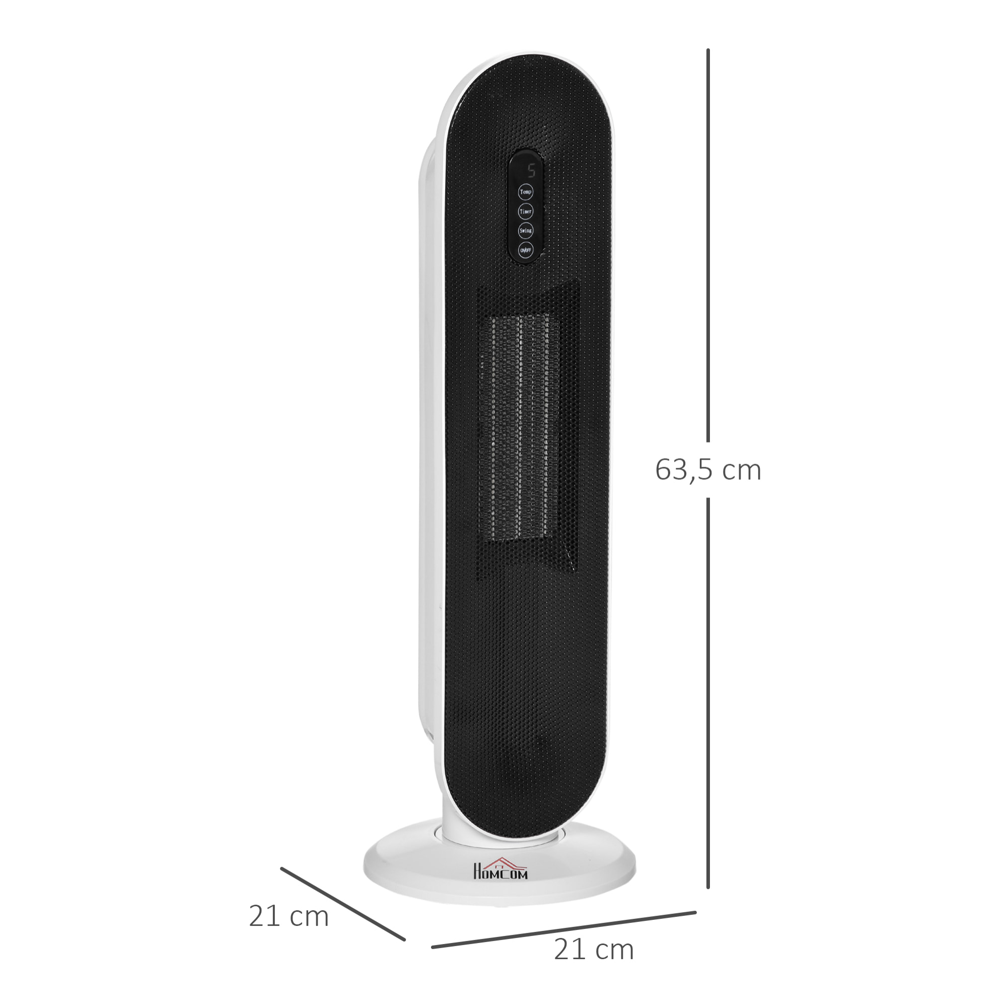 Calefactor Cerámico de Torre 1200W/2000W con Mando a Distancia Termostato Temporizador de 24H y Sistema Antivuelco para Sala de 20 m² 21x21x63,5 cm Blanco y Negro