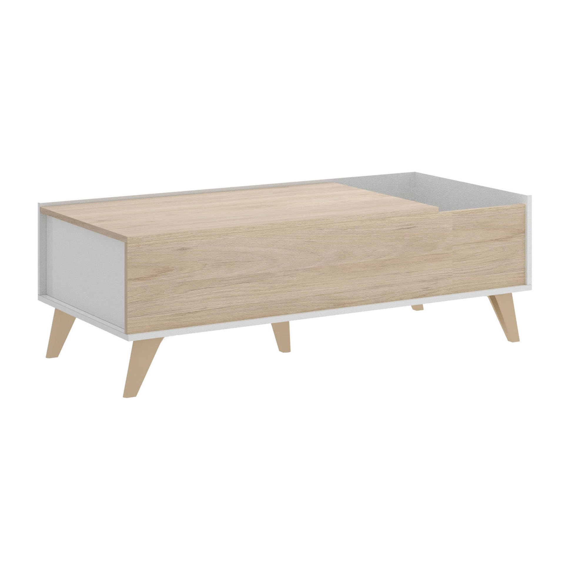 Tavolino da salotto Alexius, Porta riviste da soggiorno con vano portaoggetti, Tavolo basso da caffè elevabile, 99x60h41 cm, Rovere e Bianco