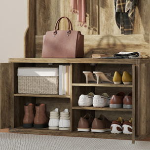 Perchero Zapatero, Perchero Recibidor con 2 Puertas, Estantes Abiertos, 6 Ganchos, para Pasillo, Dormitorio, Salón, Estilo Moderno, 100x38x172 cm, Roble