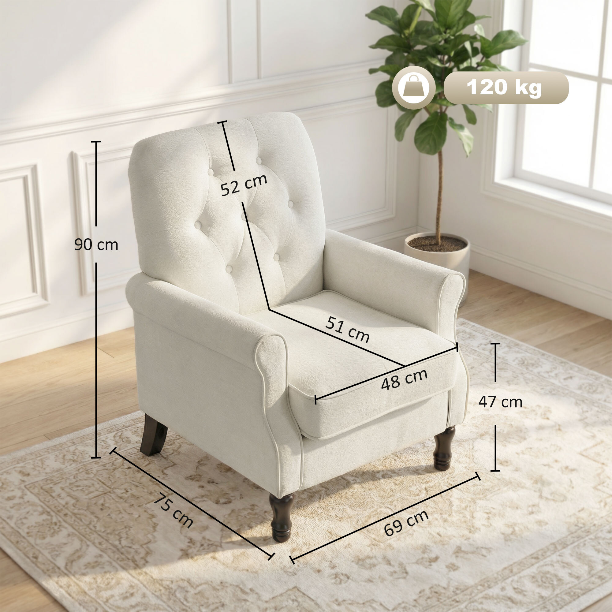 Sillón Relax, Sofá Individual, Tapizado en Lino, Asiento Acolchado Grueso, Respaldo Capitoné, Patas de Madera Maciza, Butaca para Salón, Dormitorio y Oficina, Crema