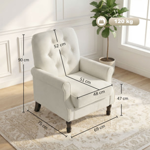 Sillón Relax, Sofá Individual, Tapizado en Lino, Asiento Acolchado Grueso, Respaldo Capitoné, Patas de Madera Maciza, Butaca para Salón, Dormitorio y Oficina, Crema