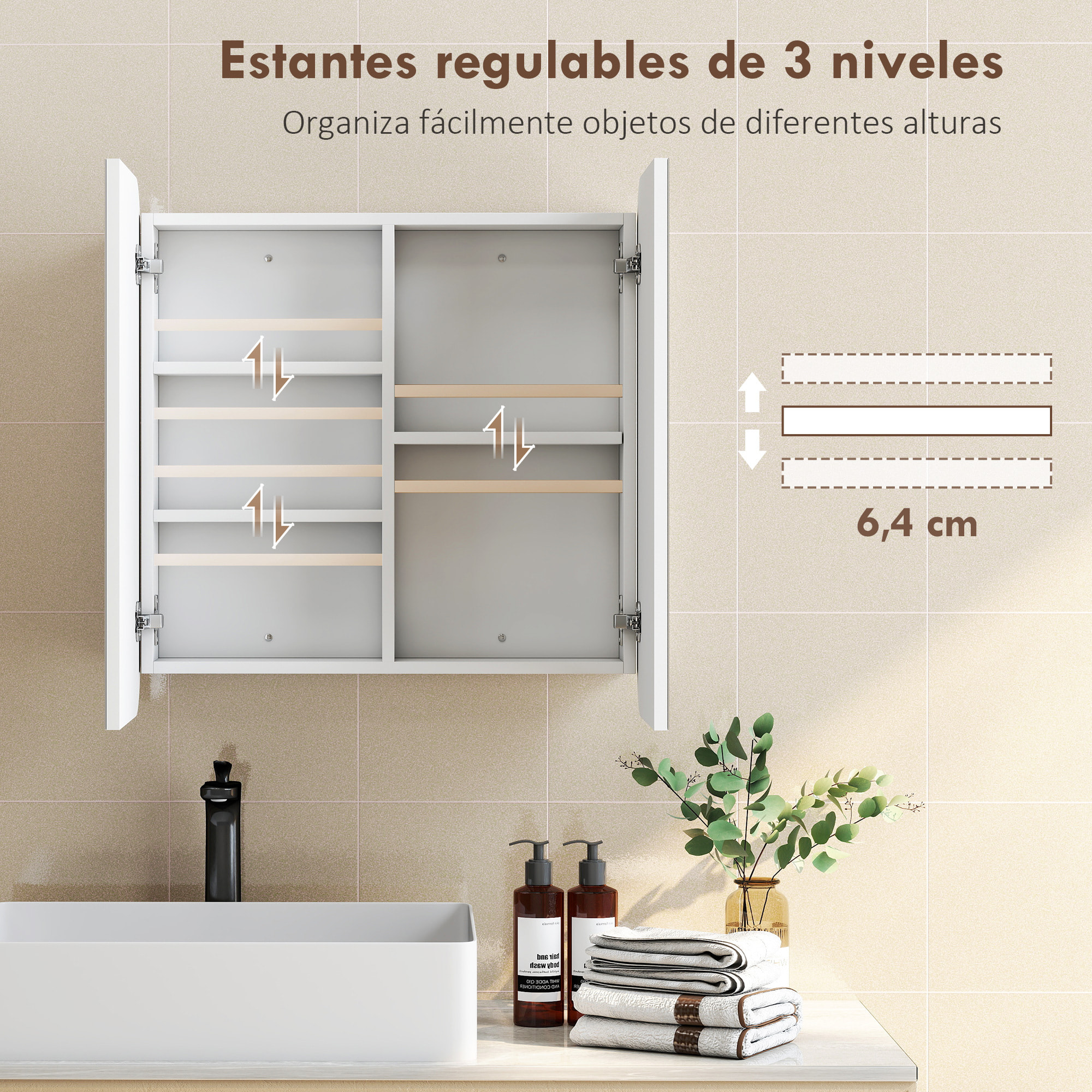 Armario de Baño con Espejo, Diseño con Bordes Curvados, Armario de Pared, Mueble de Baño Colgar, 2 Puertas, Estantes Ajustables, 68x13x66 cm, Blanco