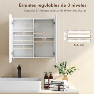 Armario de Baño con Espejo, Diseño con Bordes Curvados, Armario de Pared, Mueble de Baño Colgar, 2 Puertas, Estantes Ajustables, 68x13x66 cm, Blanco