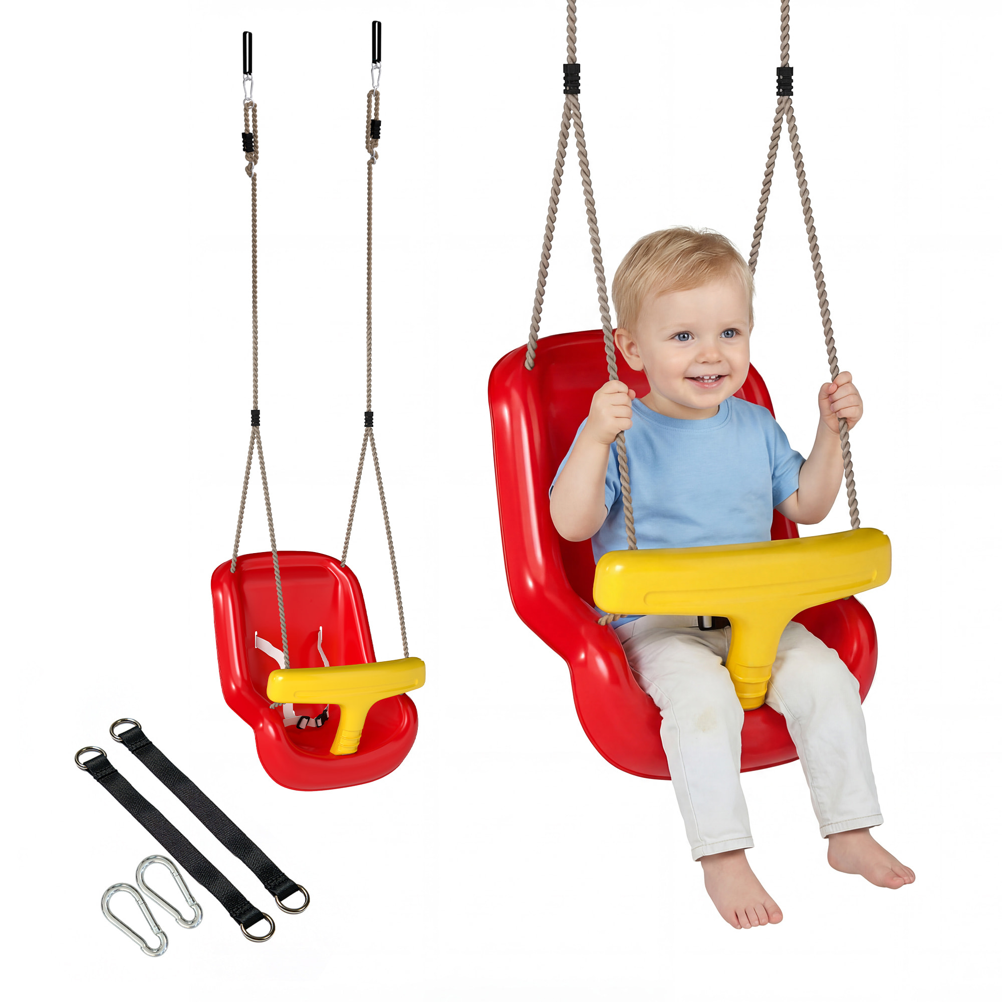 Columpio Infantil, Columpio para Niños, Cuerda Ajustable, con Respaldo Alto, Barandilla de Seguridad en T, para Interior, Exterior, Rojo