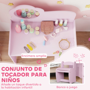 Tocador de Maquillaje Niña, 2 en 1, Escritorio, Tocador Infantil con Taburete, Espejo en Forma de Flor, Estantes Abiertos, para Niños +3 Años, Morado
