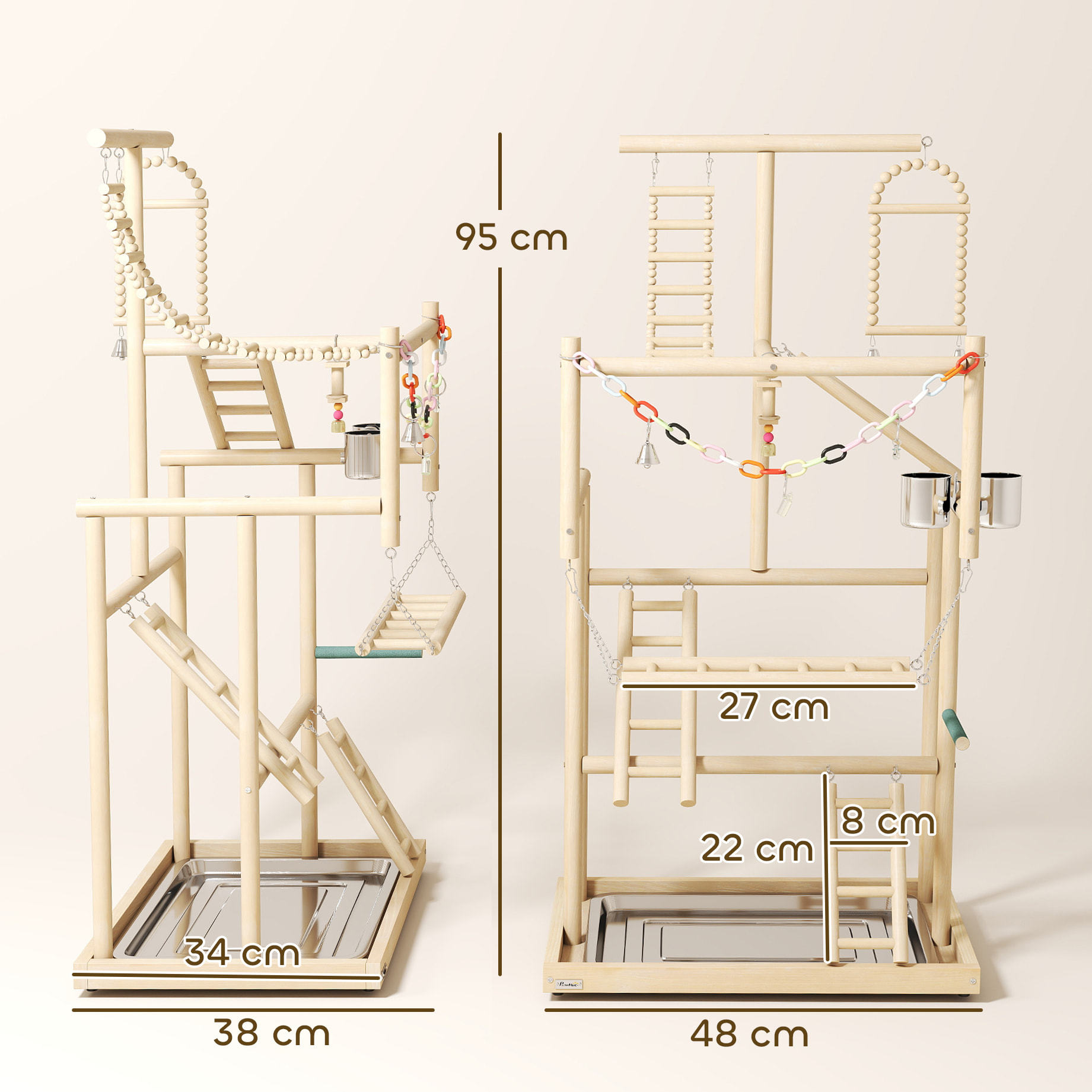 Parque de Juegos para Pájaros, Soporte de Madera para Pájaros con Escaleras, Columpio, Juguete de Cadena, Bandeja, Comederos, para Periquitos, Cacatúas, Cotorras, Agapornis, 48x38x95 cm