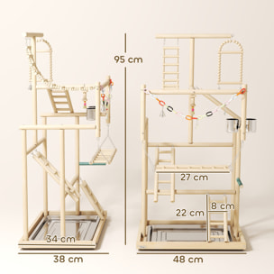 Parque de Juegos para Pájaros, Soporte de Madera para Pájaros con Escaleras, Columpio, Juguete de Cadena, Bandeja, Comederos, para Periquitos, Cacatúas, Cotorras, Agapornis, 48x38x95 cm
