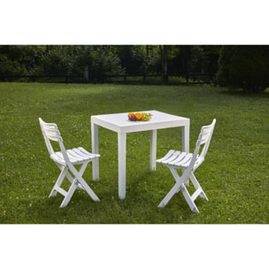 Set salotto da esterno Ortisei, Set da giardino con 1 tavolo rettangolare e 2 sedie pieghevoli, Set indoor e outdoor da Pic Nic, 100% Made in Italy, Bianco