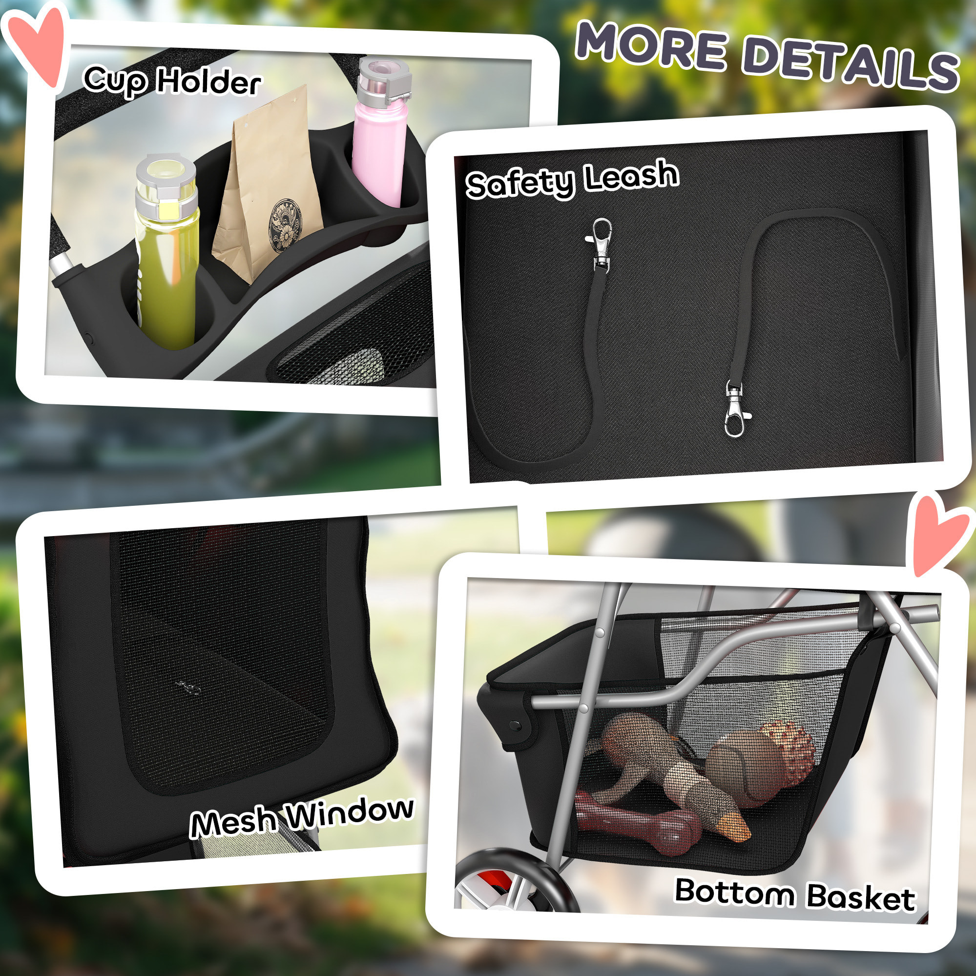 Carrito para Perros Plegable, Cochecito para Perros Pequeños con Cesta de Almacenaje, Ventanas de Malla, Portavasos, Ruedas y Cojín Lavable, Carga 10 kg, 77x44x102 cm, Negro