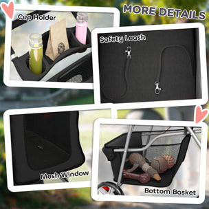 Carrito para Perros Plegable, Cochecito para Perros Pequeños con Cesta de Almacenaje, Ventanas de Malla, Portavasos, Ruedas y Cojín Lavable, Carga 10 kg, 77x44x102 cm, Negro
