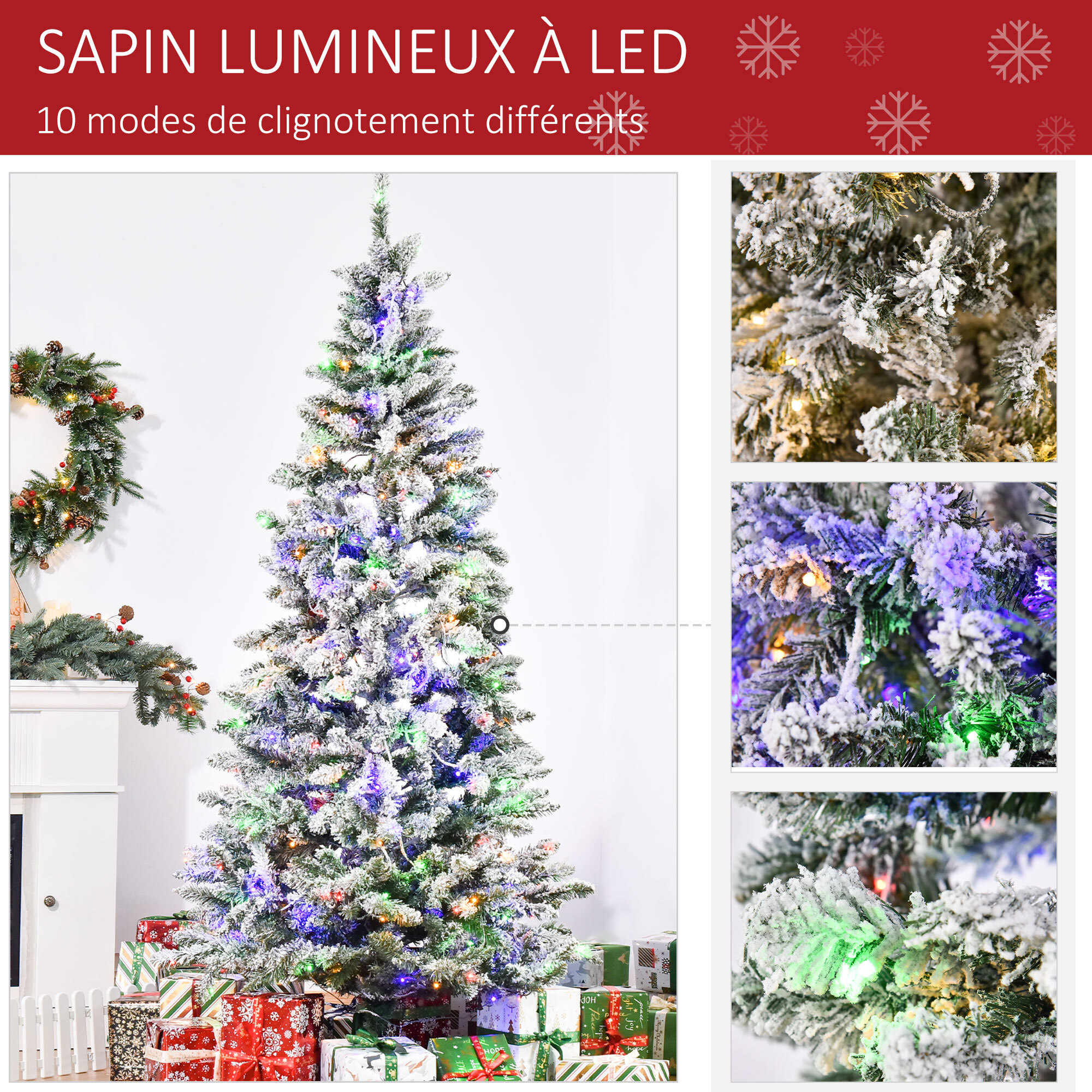 Sapin de Noël artificiel enneigé lumineux LED x 250 multicolore Ø 112 x 210H cm 829 branches vert blanc