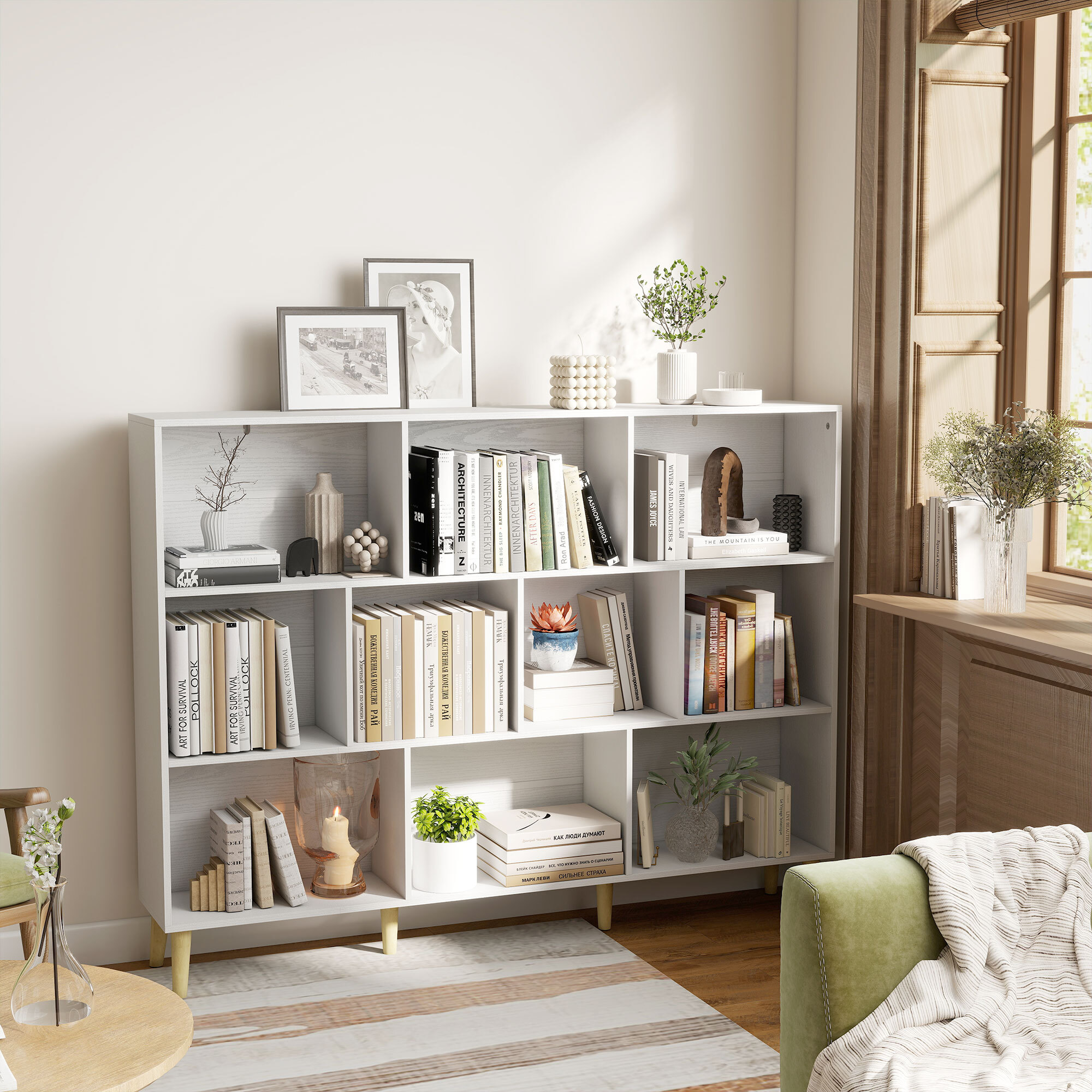 Estantería de 10 Cubos, Librería de 3 Niveles con Patas de Madera Maciza, para Dormitorio, Salón, Estudio u Oficina, 140x24x107 cm, Blanco