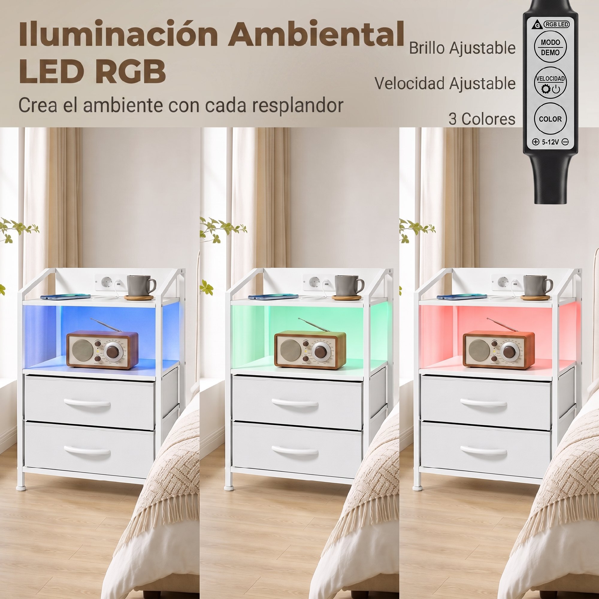Juego de 2 Mesitas de Noche con Luces LED RGB y Estación de Carga, Mesitas Auxilifares con 2 Cajones de Tela, Diseño Moderno, para Dormitorio, Salón, 40x30x60 cm, Blanco
