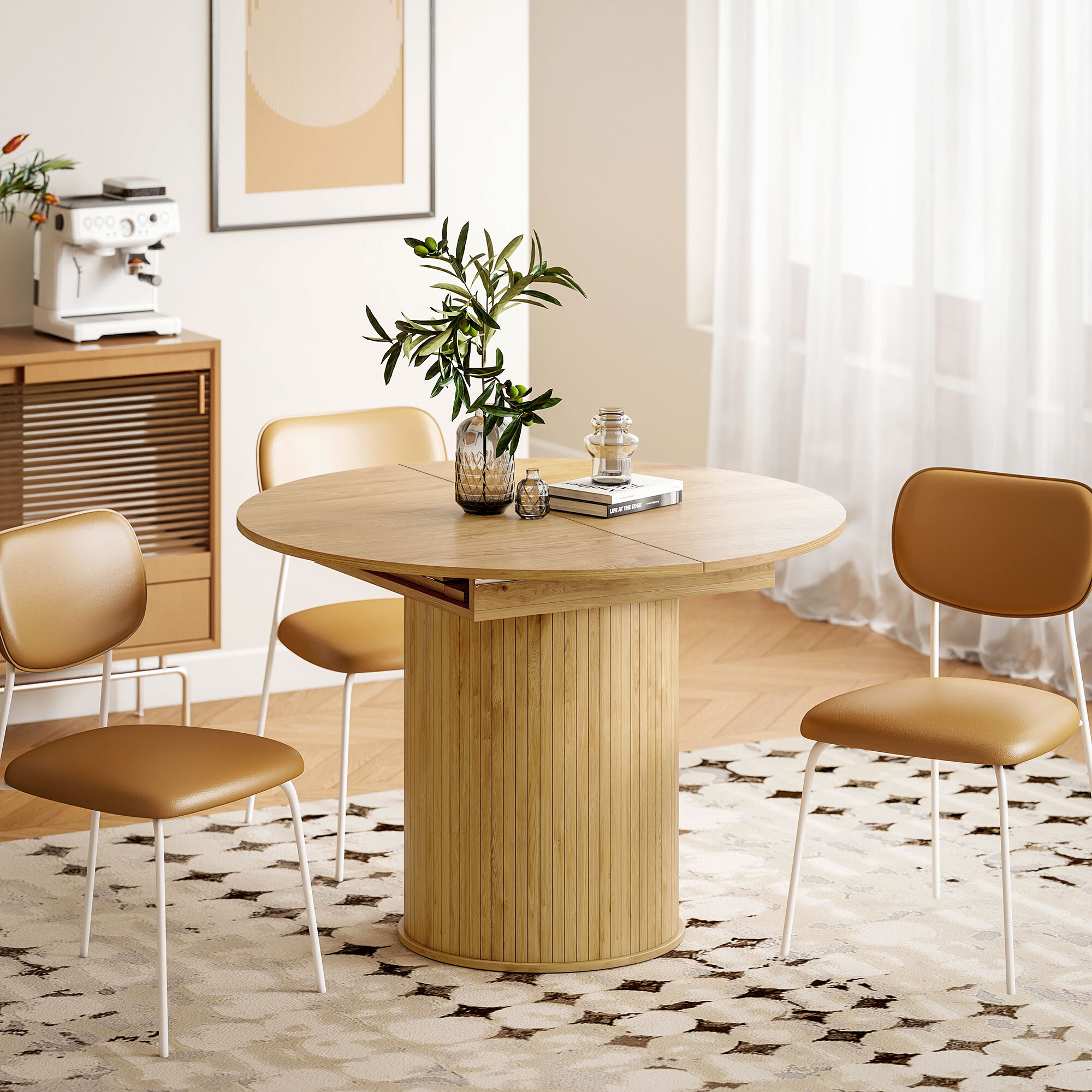 Mesa de Comedor Extensible Redonda, 110-150 cm, Mesa de Cocina Extensible, para 6-8 Personas, con Base Estriada Ancha, para Salón, 110-150x110x75 cm, Madera Natural