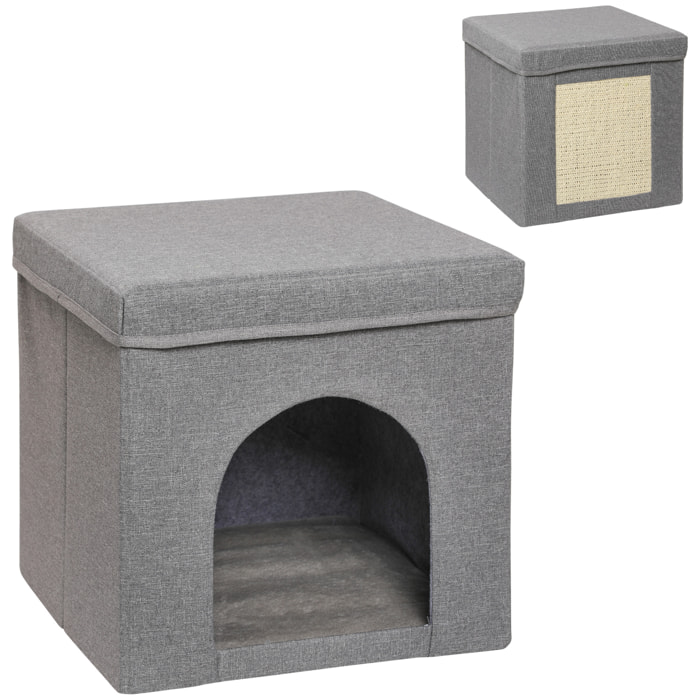 Casa para Gatos Cama para Gatos Casita para Gatos con Tablero de Rascar y Puerta para Interior 36,5x36,5x36,5 cm Gris