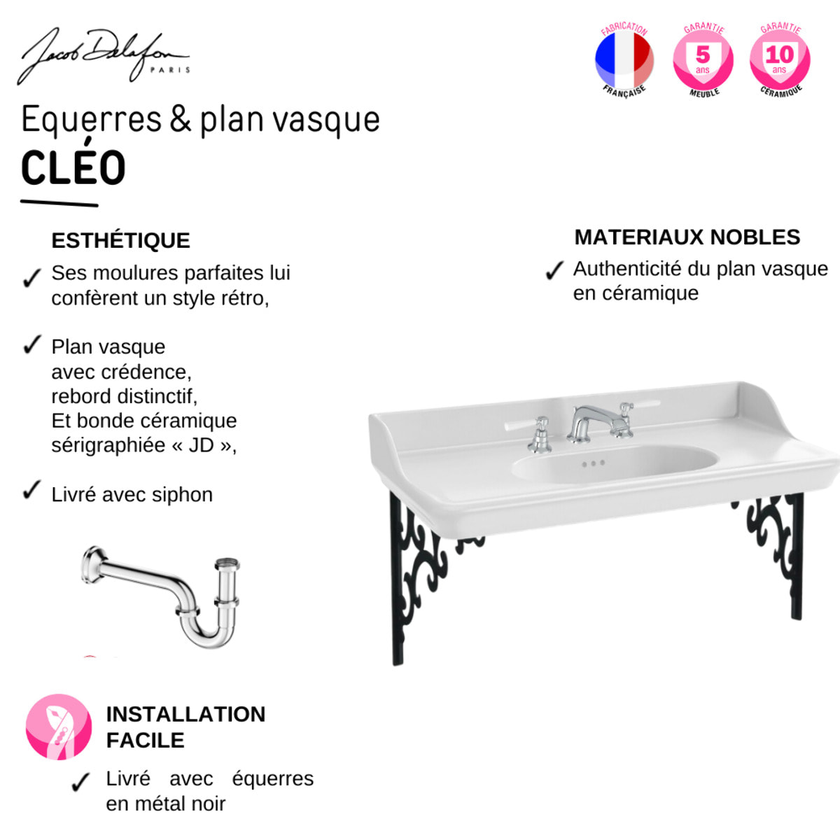 Plan vasque suspendu 3 trous Cléo 1889 avec équerres métal noir + colonne droite + siphon chromé