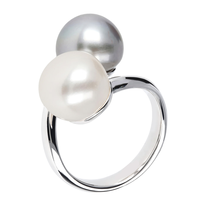 PERLAVIVA - Anello Contrarié in Argento 925 placcato Oro Bianco 18Kt con Perle a Bottone Bianca e Grigia d'Acqua Dolce Ø10/11mm