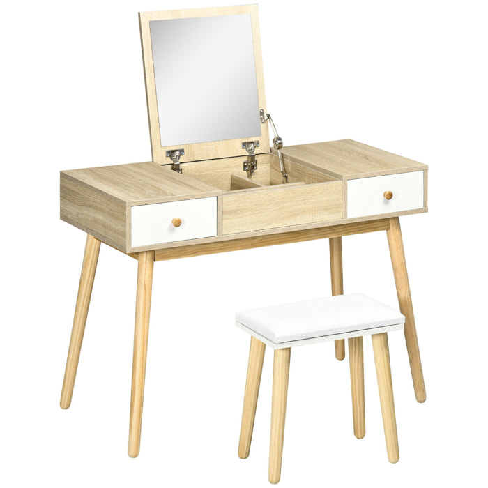 Coiffeuse avec tabouret style scandinave - 2 tiroirs, compartiment porte miroir - panneaux aspect chêne clair blanc