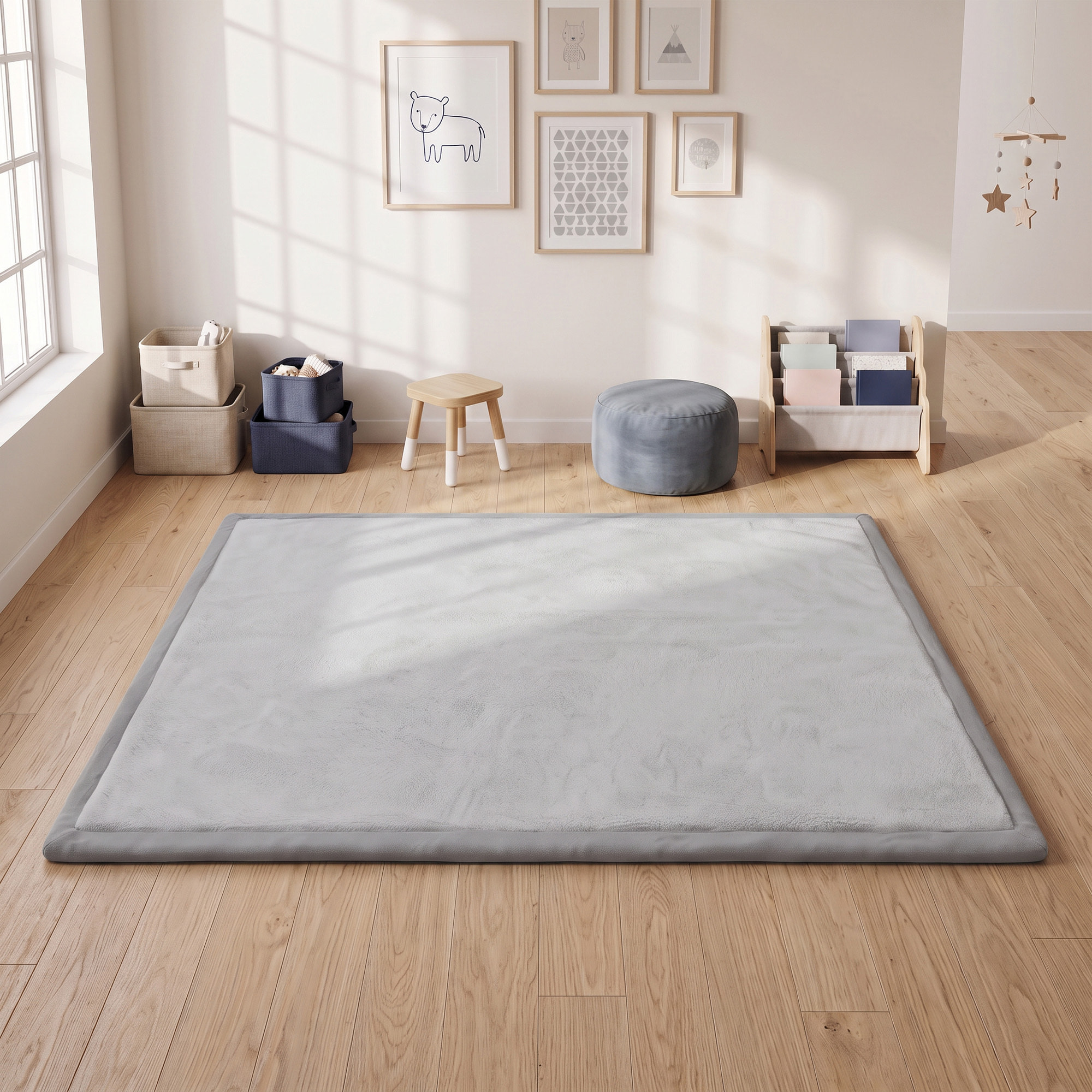 AIYAPLAY Alfombra Bebés Acolchada, 180x150 cm, Espuma de 3 cm, Colchoneta de Juegos, Franela Suave, Antideslizante, Resistente al Agua y Fácil de Limpiar, Gris Claro