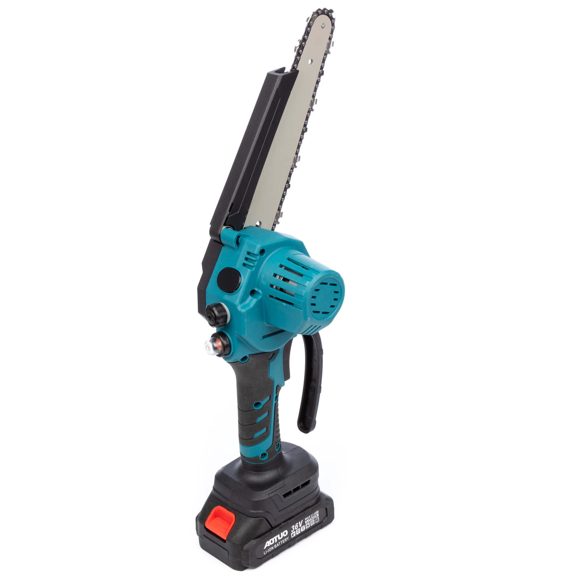 Mini motosierra inalámbrica 21V con hoja de 8 pulgadas, 2 baterías de 6500 mah y maletín de transporte.