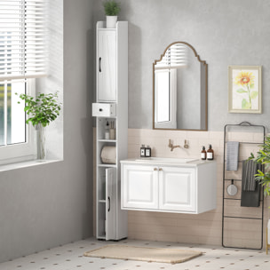 Columna de Baño Estrecha con 2 Puertas Armario Alto de Baño Rústico con Cajón Compartimento Abierto Estantes Ajustables y Portarrollos 20x20x185 cm Blanco