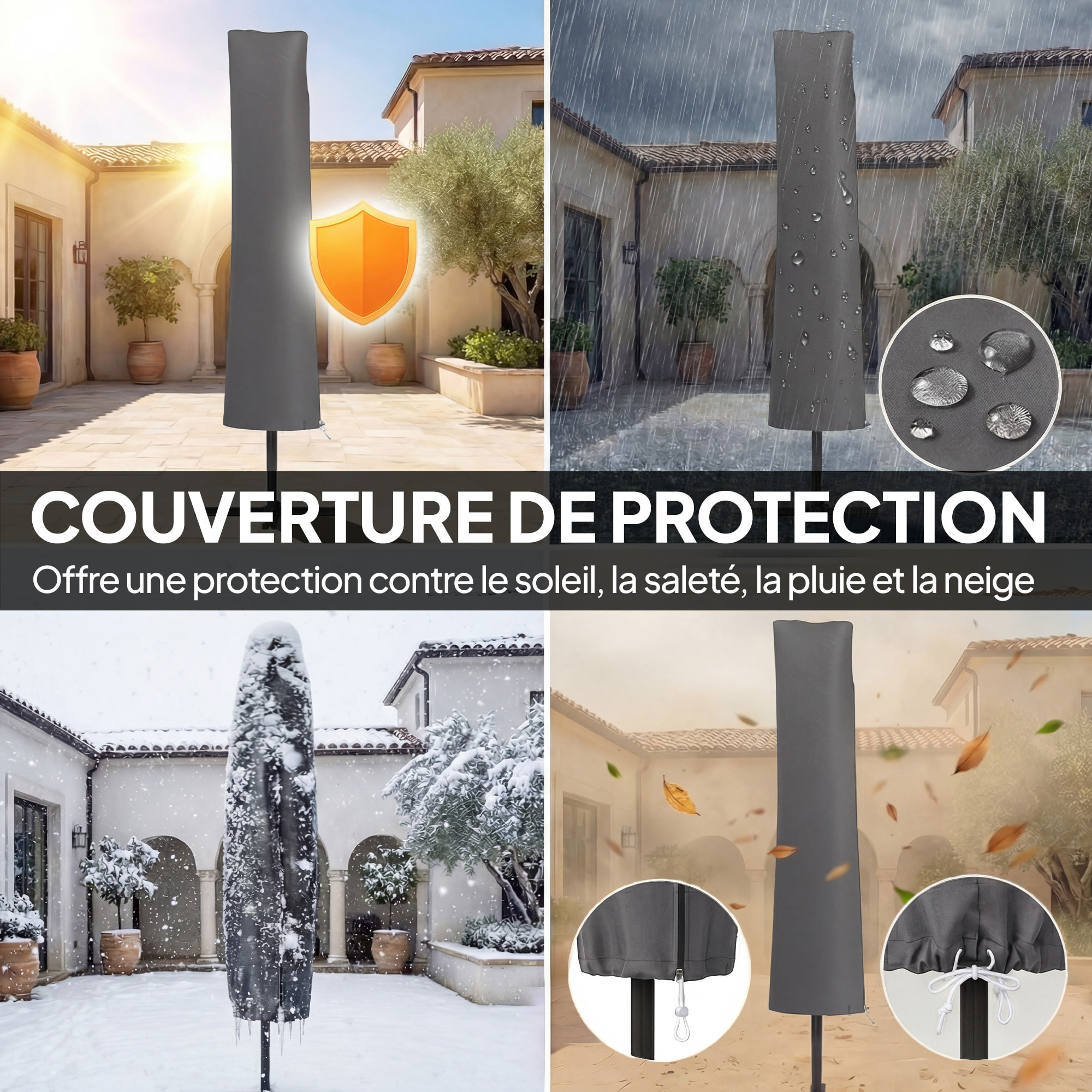 Parasol déporté inclinable 3 m à manivelle avec housse de protection gris
