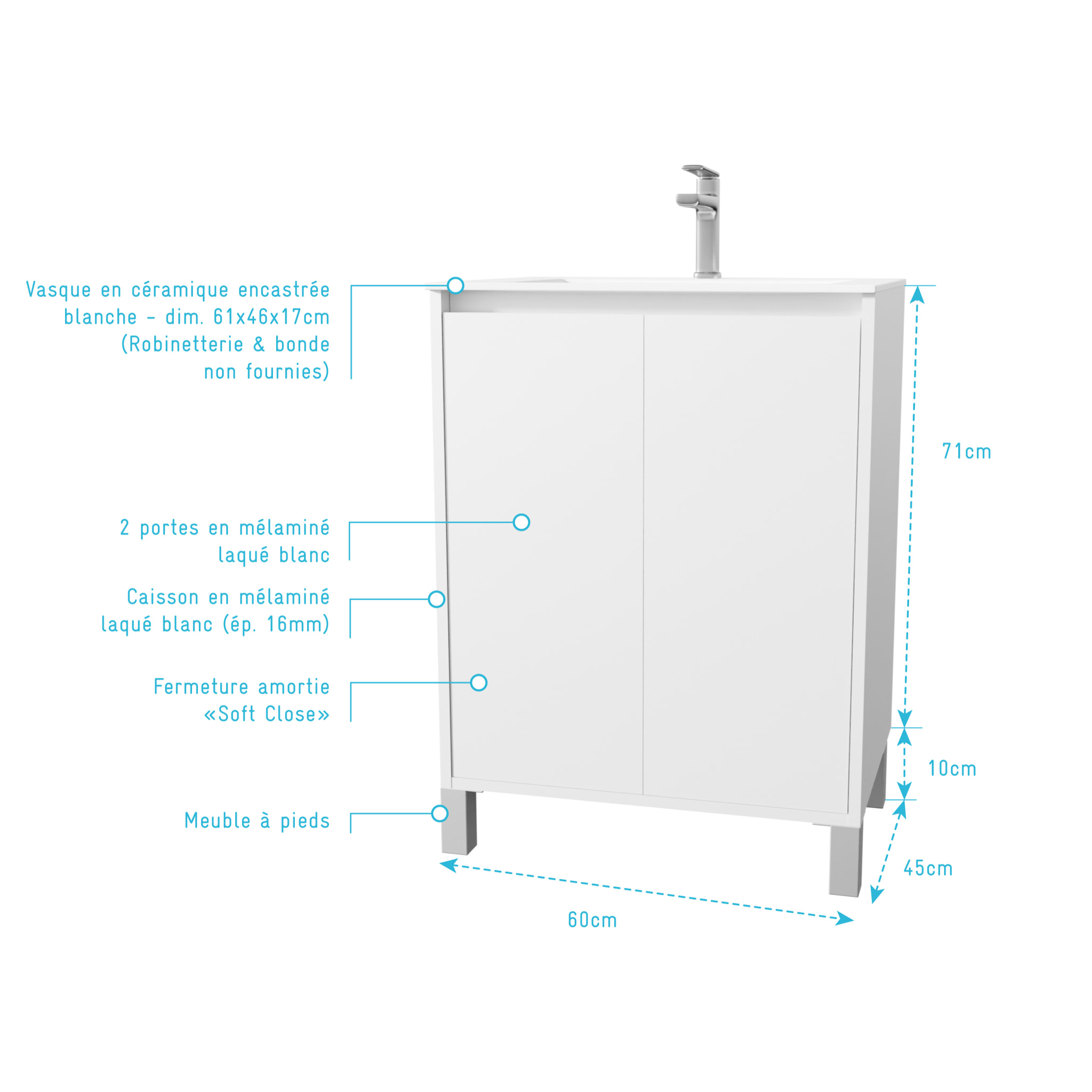 Pack Meuble Salle de Bains 60cm Laqué Blanc 2 portes avec Vasque Céramique Blanche - XENOS