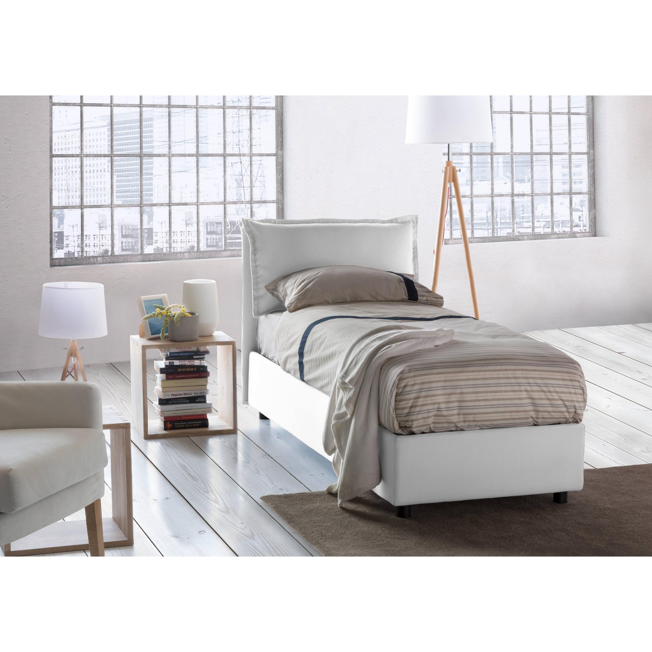 Letto singolo Gemma, Letto contenitore con rivestimento in tessuto, 100% Made in Italy, Apertura frontale, adatto per materasso Cm 80x200, Bianco