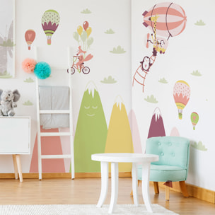 Stickers muraux enfants - Décoration chambre bébé - Autocollant Sticker mural géant enfant montagnes scandinaves ANIMAUX FOUS DANS LES AIRS