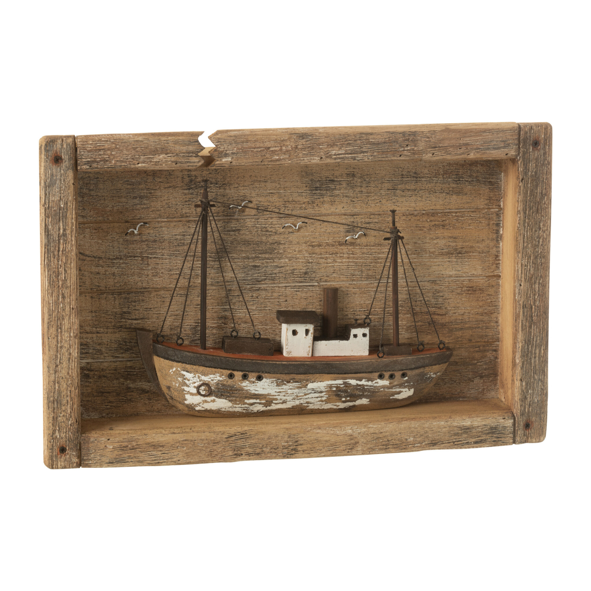 J-Line Bateau Dans Cadre Bois De Paulownia Naturel/Blanc