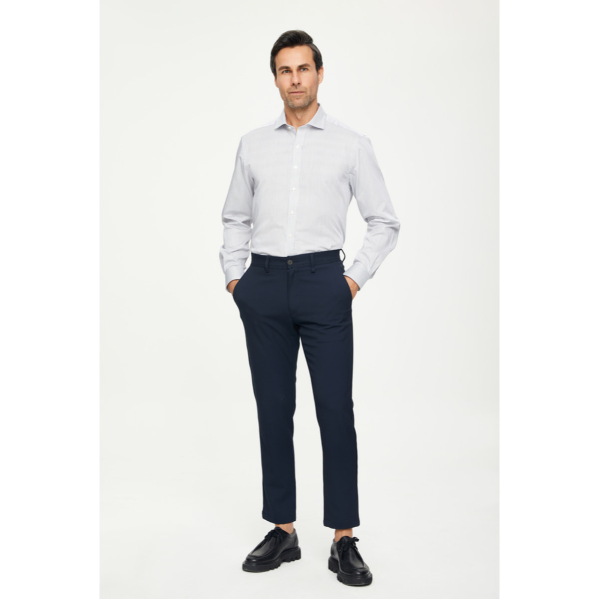 Camicia Uomo 1 Bottone Francese Satin Riga Stretta Bianco/Nero