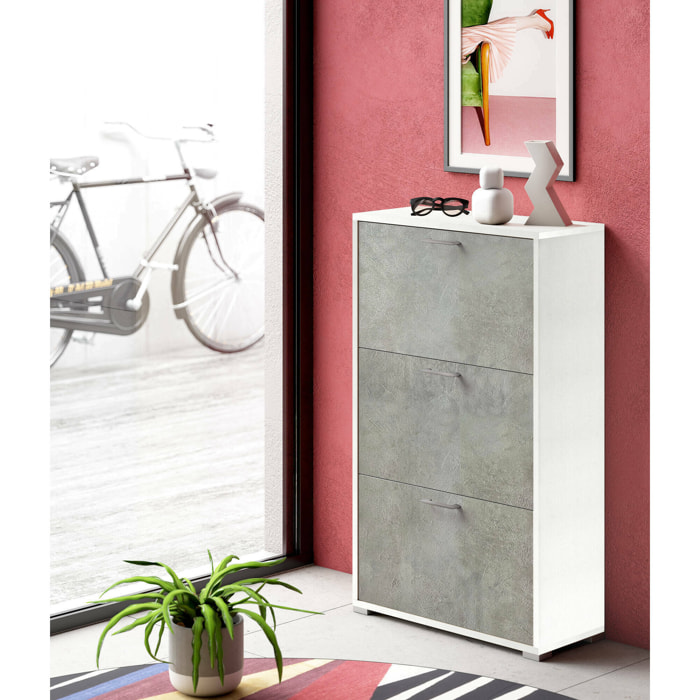 Scarpiera Axinite, Mobile multiuso da ingresso con 3 ante a ribalta, Armadietto portascarpe a doppia profondità, 100% Made in Italy, 67x28h112 cm, Bianco e Cemento