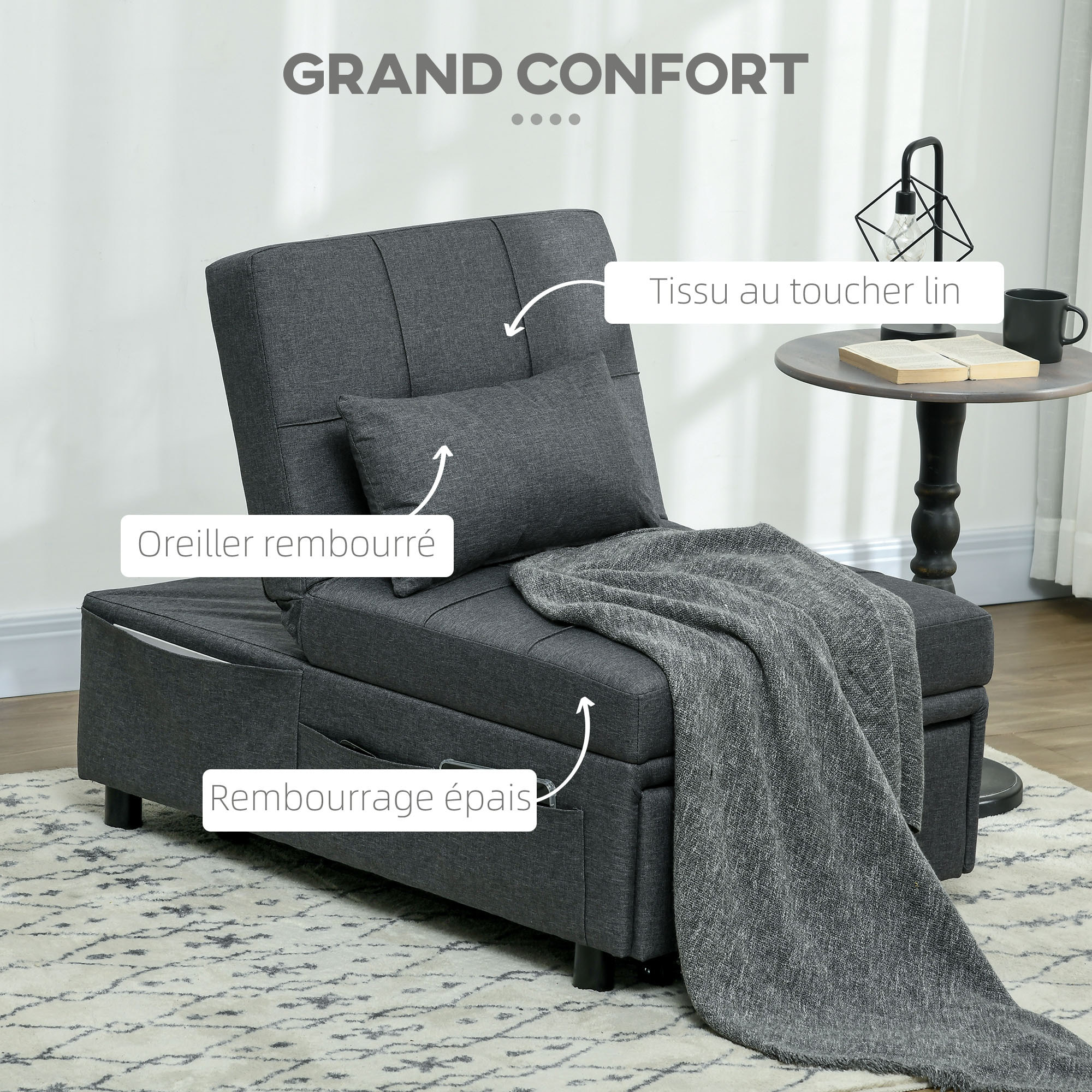 Chauffeuse fauteuil convertible inclinable réglable tissu effet capitonné gris